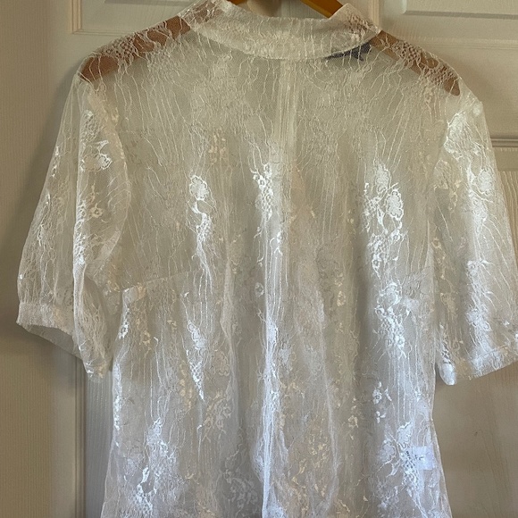 White Lace ultra-feminine top mock turtleneck short sleeves Sz L Zipper back - Picture 1 of 8
